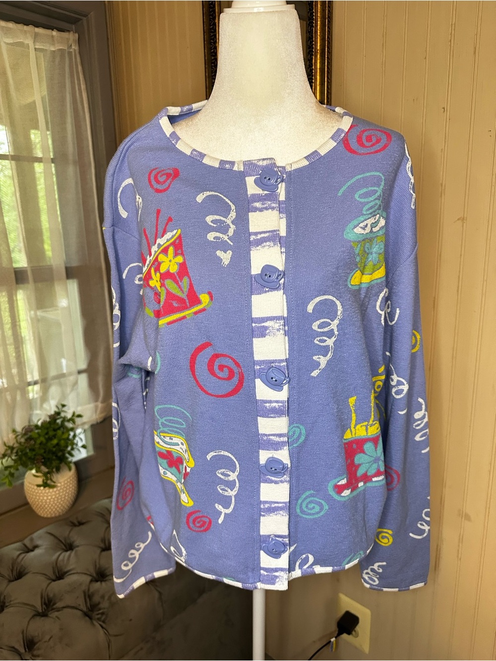 Y2K Novelty Coffee Cup Cardigan Sweater Artsy Cottagecore Button Front Medium